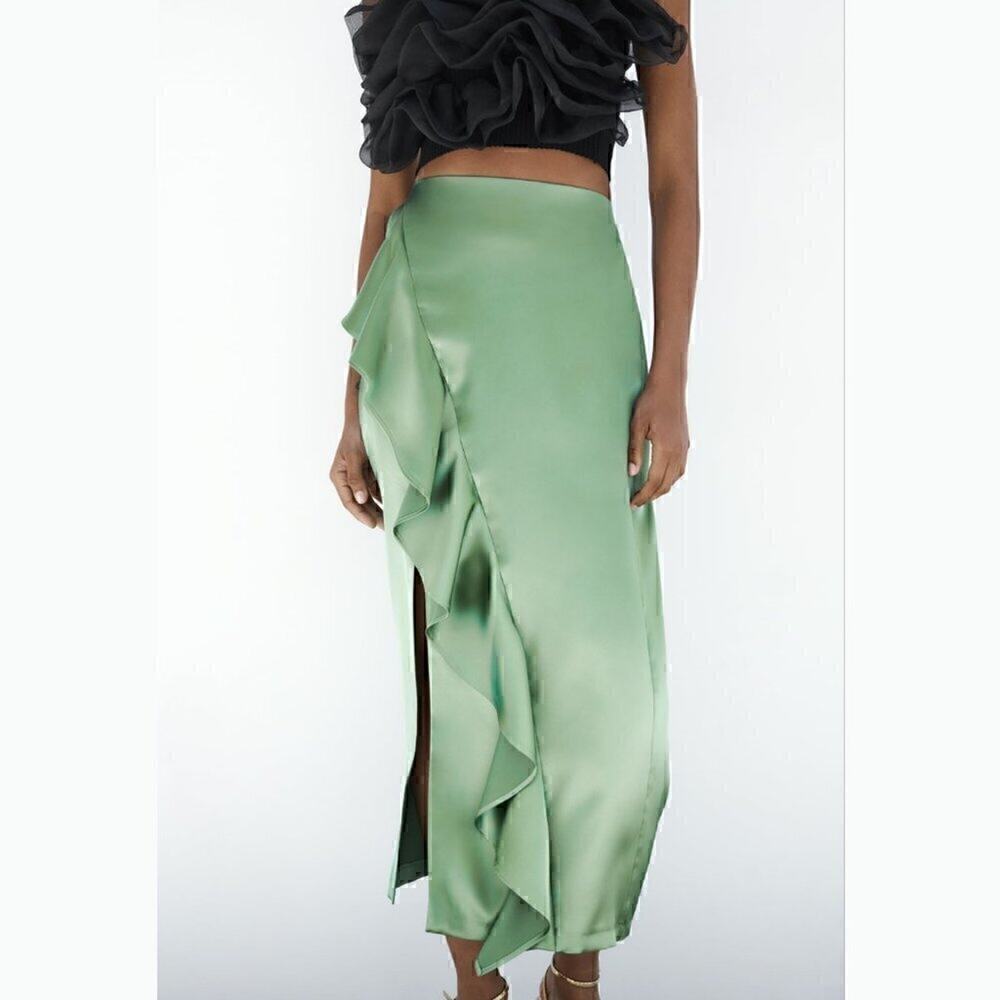 Zara NWT Mint Green Satin Ruffle Front Slit High Waist Midi Skirt M - Picture 15 of 16